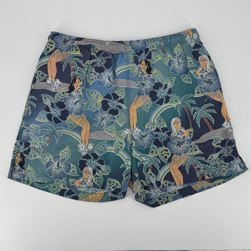 Tommy Bahama Paradise Nation Men Medium Hula Girl Hibiscus Swim Trunks Teal Blue
